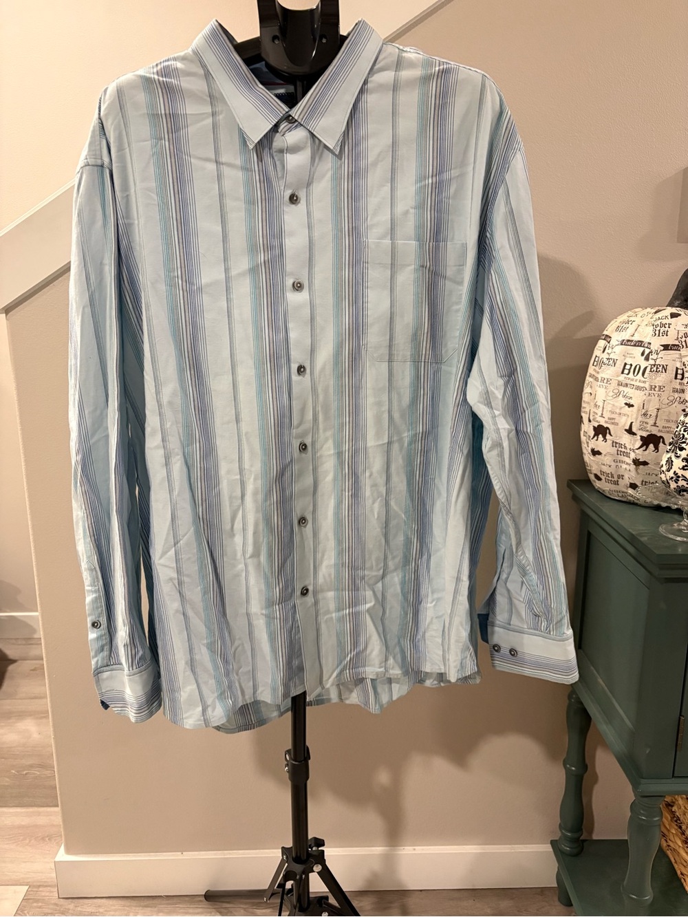 Tommy Bahama Blue and White Striped Long-Sleeve Button-Up Shirt
